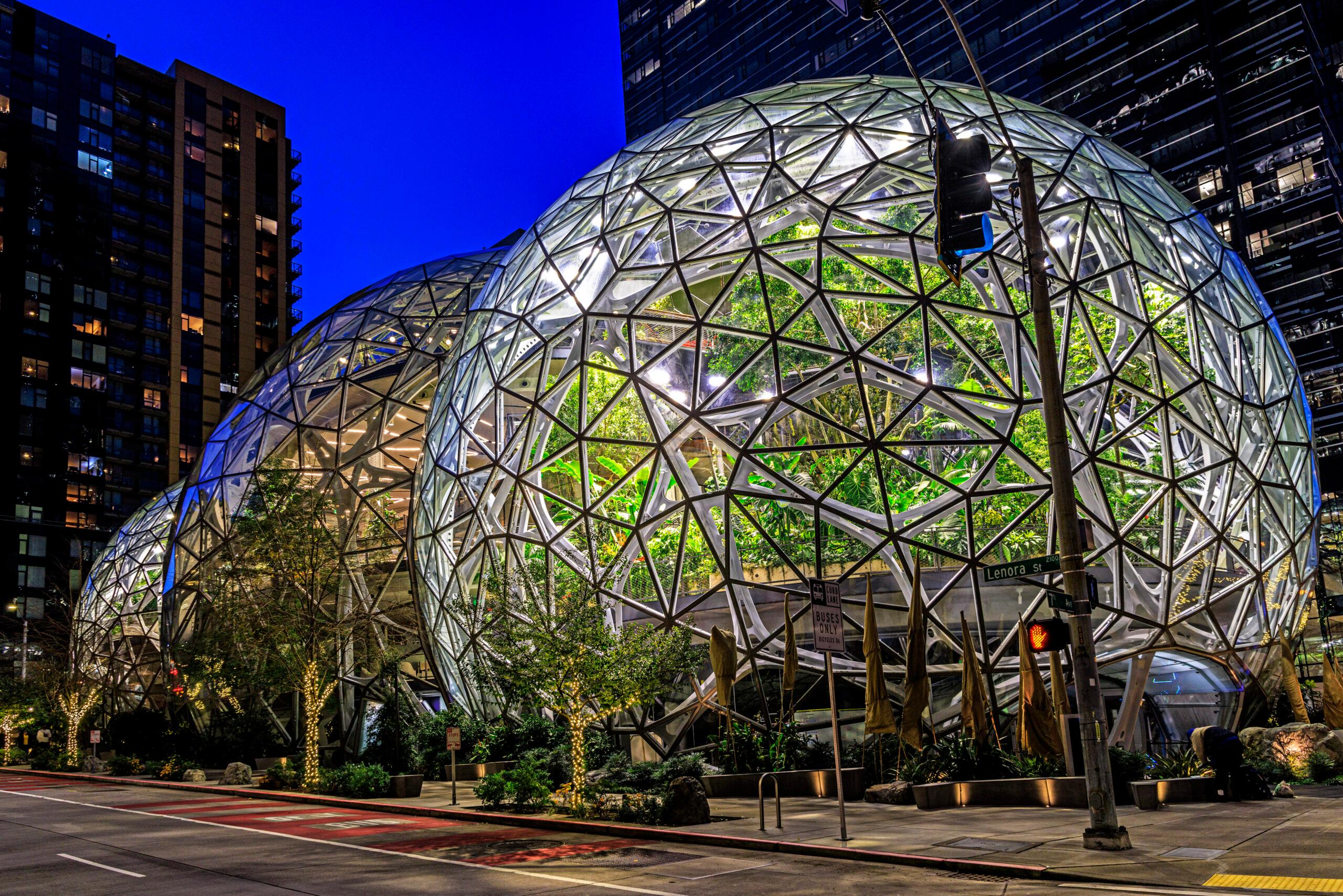 A picture of large, round indoor greenhouses at night.