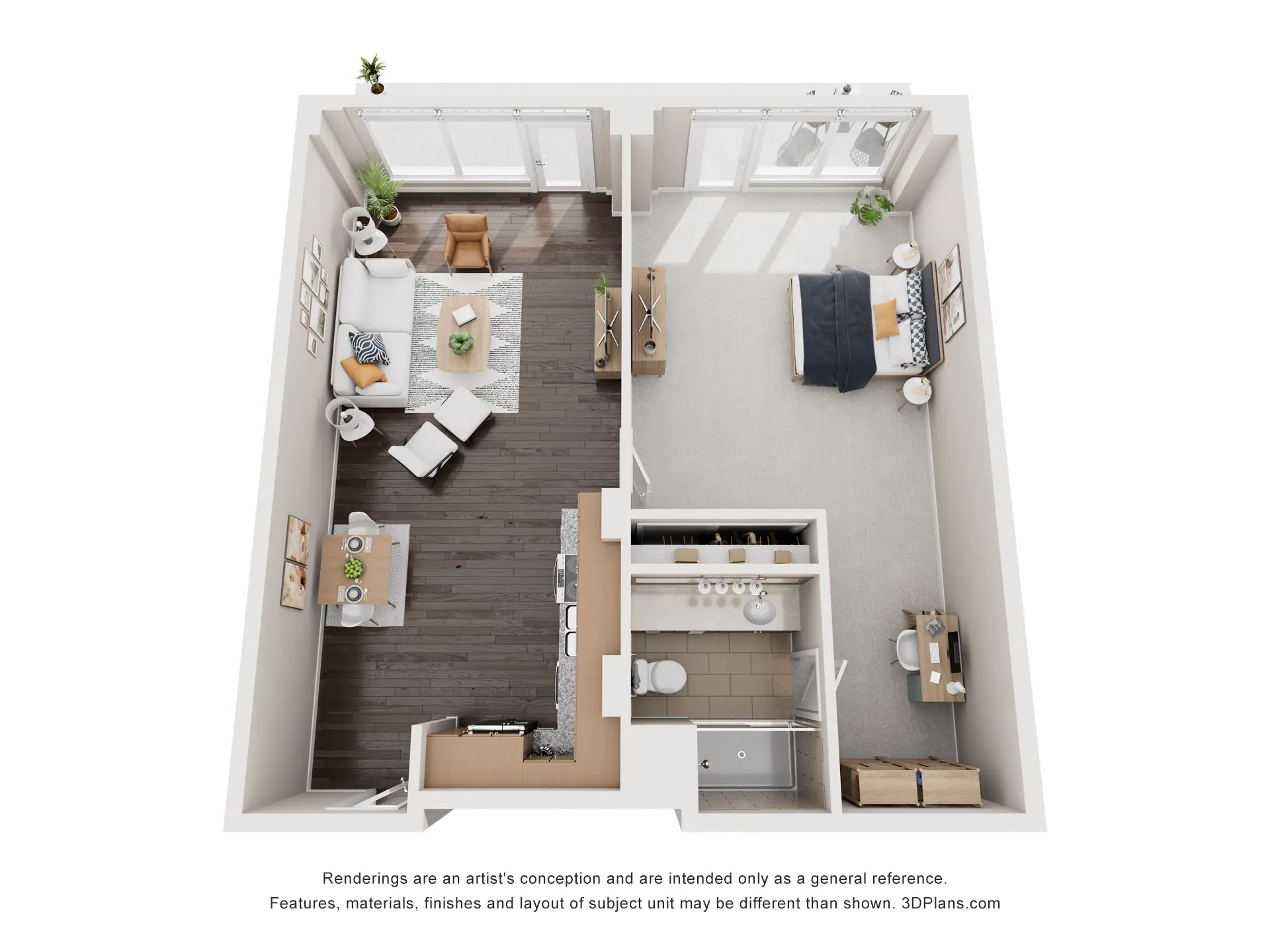 A one-bedroom floorplan.